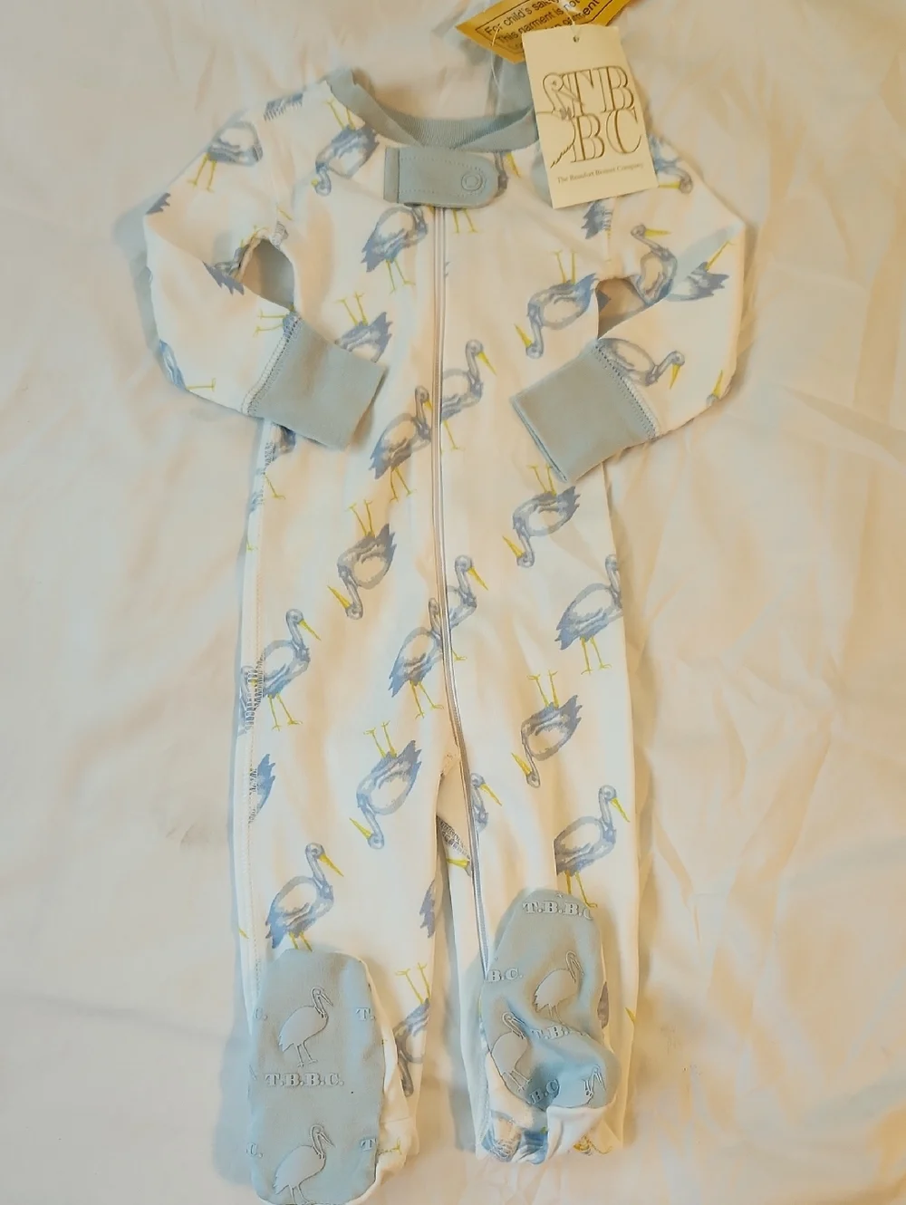 The Beaufort Bonnet Company White Footed One-Piece with Blue Pelican Print